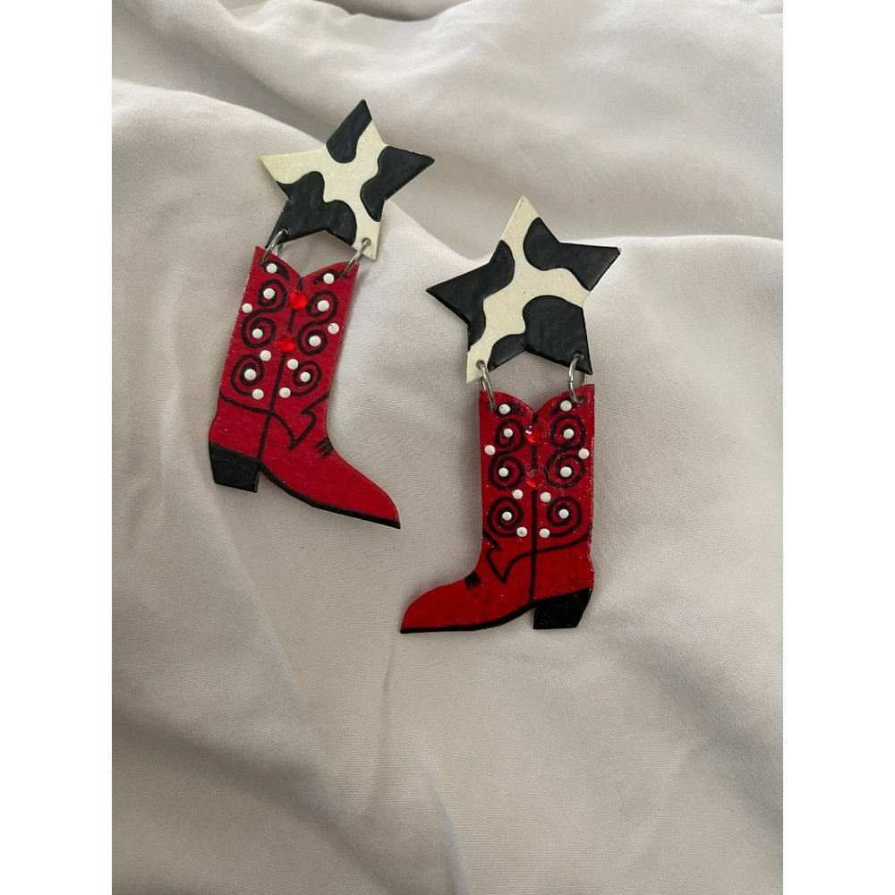 Boots n Stars Red Boots and Cow Stars Pierced Earrings - Picture 3 of 6